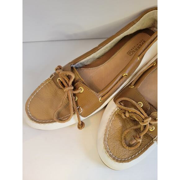 Women's Sperry Top Sider White Leather and Khaki Slip On Boat Shoes US 9.5M - Picture 7 of 8